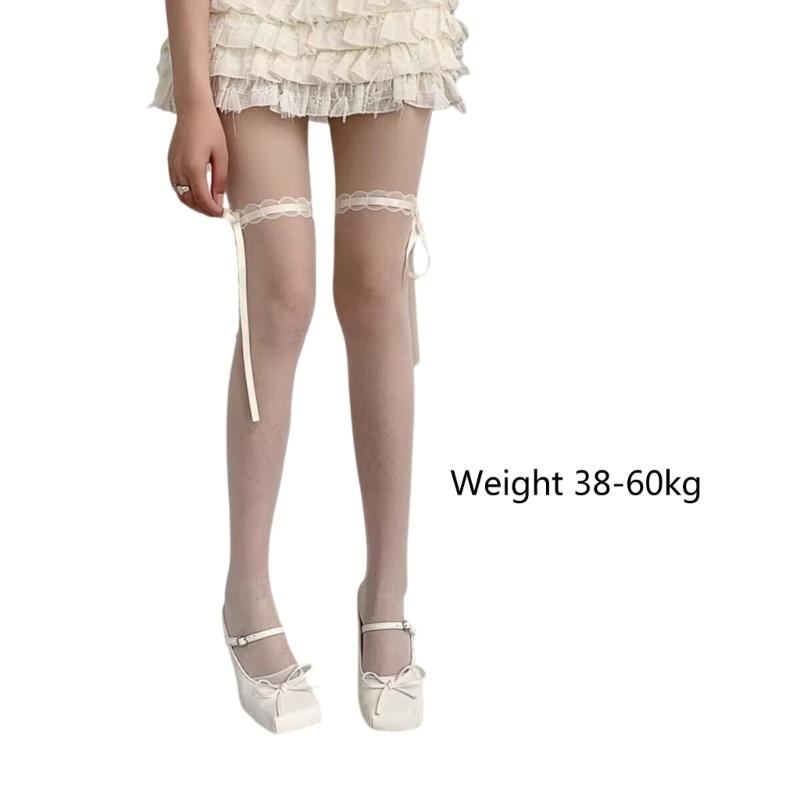 Women Pattern Patchwork Mock Knee High Socks Opaque Tights with Sweet Ribbon Bowknot See Through Pantyhose Leggings