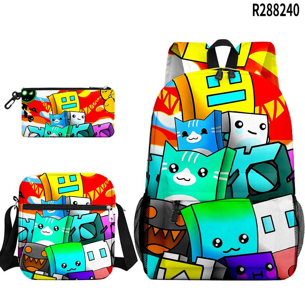 Popular Cool Geometry Dash 3D Printed 3pcs/Set Pupil School Bags Laptop Daypack Backpack Inclined Shoulder Bag Pencil Case