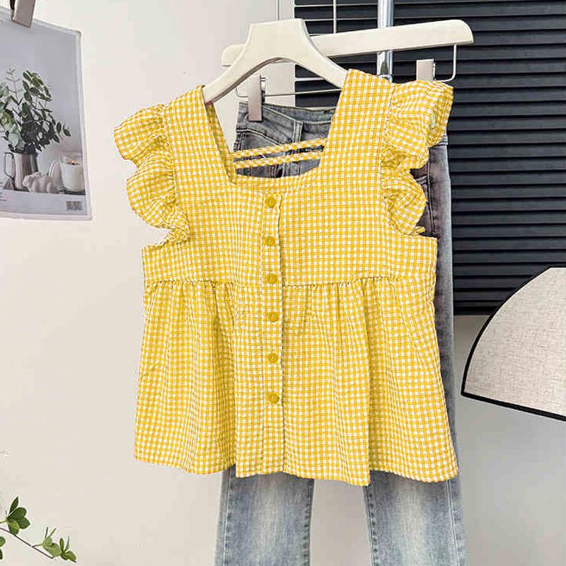 

ZANZEA Женская летняя повседневная блузка без рукавов в клетку с квадратным вырезом 5XL жёлтый