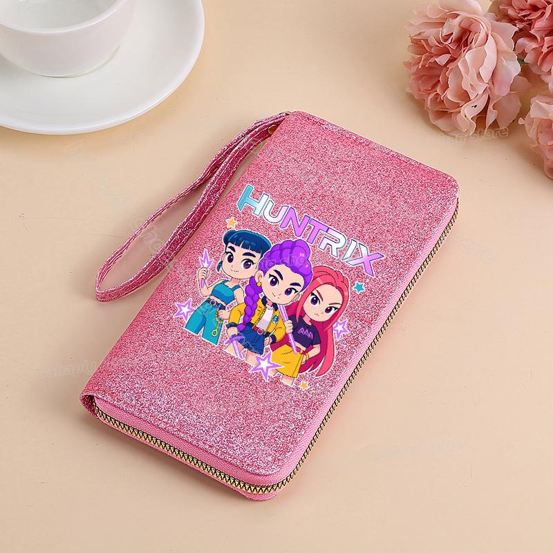 Vysoce kvalitní KPop Lovci démonů Dlouhá peněženka Dámské peněženky na zip Sequin Bling Koženka Kapsa na mince Držák na ID Kartu Dámské Clutch Peněženky