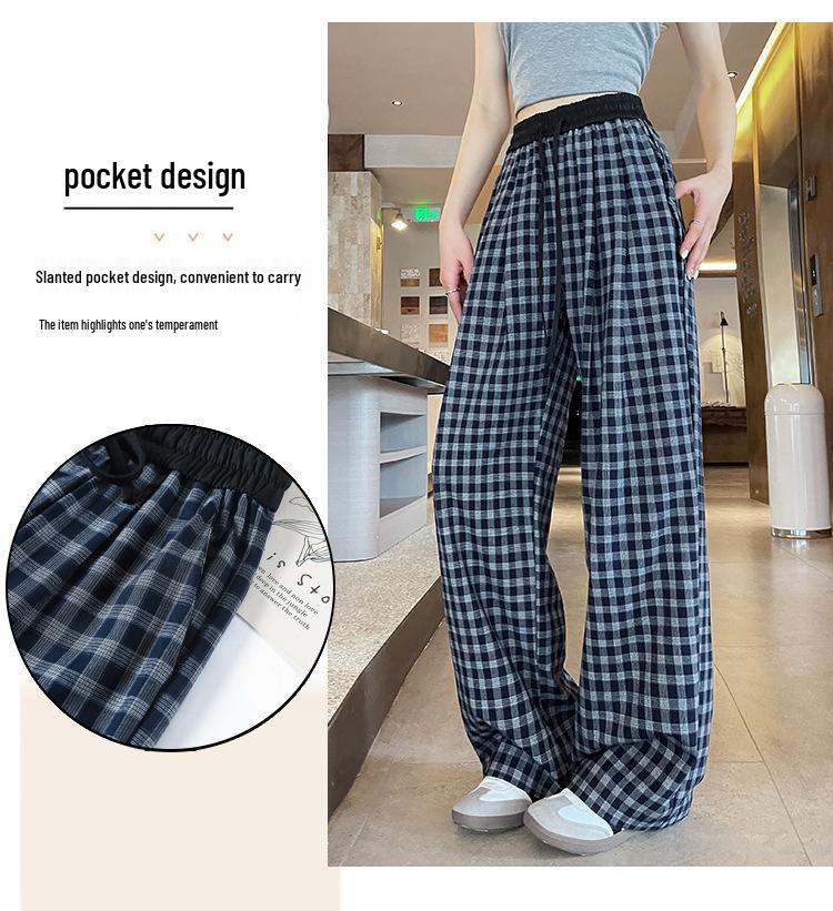 Retro Blue Plaid Wide-Leg Pants - Spring/Summer 2026 Collection, Lazy Style, Drapey Straight-Leg Casual Pants