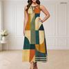 Women Plus Size Round Neck Triple Keyhole Cutout Sleeveless Geometric Print Long Dress Blue Yellow Beige