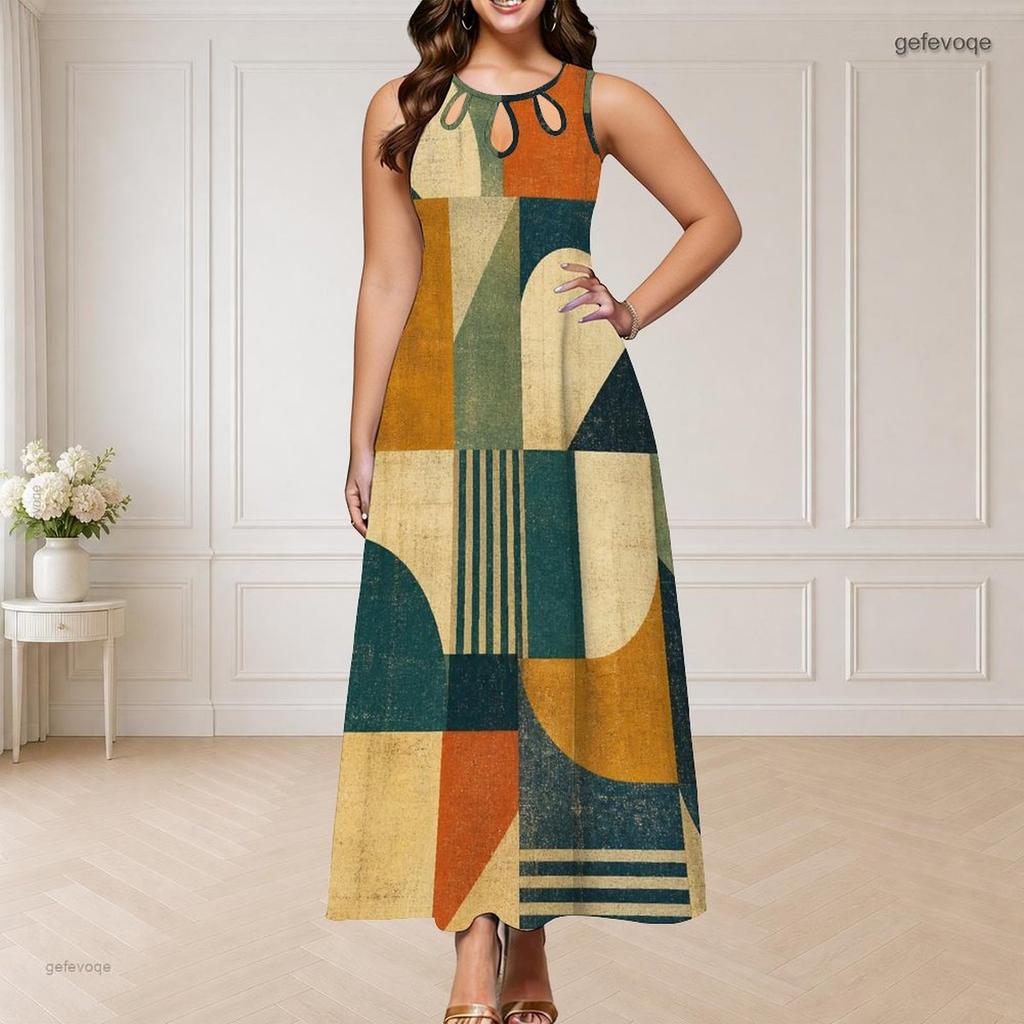 Women Plus Size Round Neck Triple Keyhole Cutout Sleeveless Geometric Print Long Dress Blue Yellow Beige