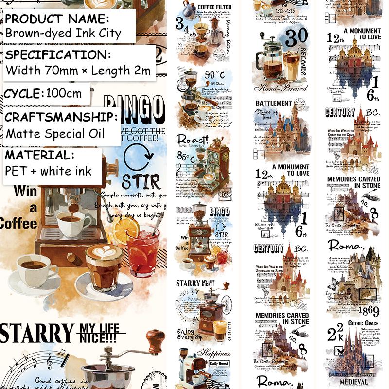 70mm*200cm Vintage Coffee Castle Landscape PET Tape Creative DIY Journal Material Collage Scrapbooking Stationery