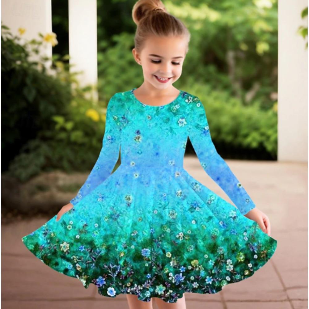 Girl Casual 3D Gradient Floral Print Round Neck Long Sleeve Dress Kid Princess Dress