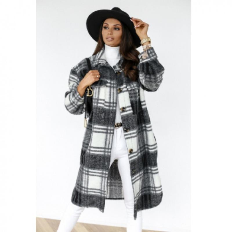 Autumn and Winter New Women's Clothing Long-sleeved Plaid Printing Medium and Long Woolen Jacket Women's Trend
