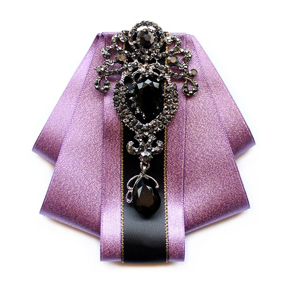 Silk Ribbon Bowtie Brooch Pin Mens Women Wedding Party Vintage Pretied Necktie Clip Crystal Bowknot Shirt Collar Tie