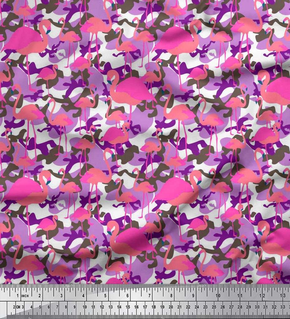 Soimoi Japan Crepe Satin Fabric Camouflage Texture & Flamingo Bird Printed Craft Fabric by the Metre 42 Inch