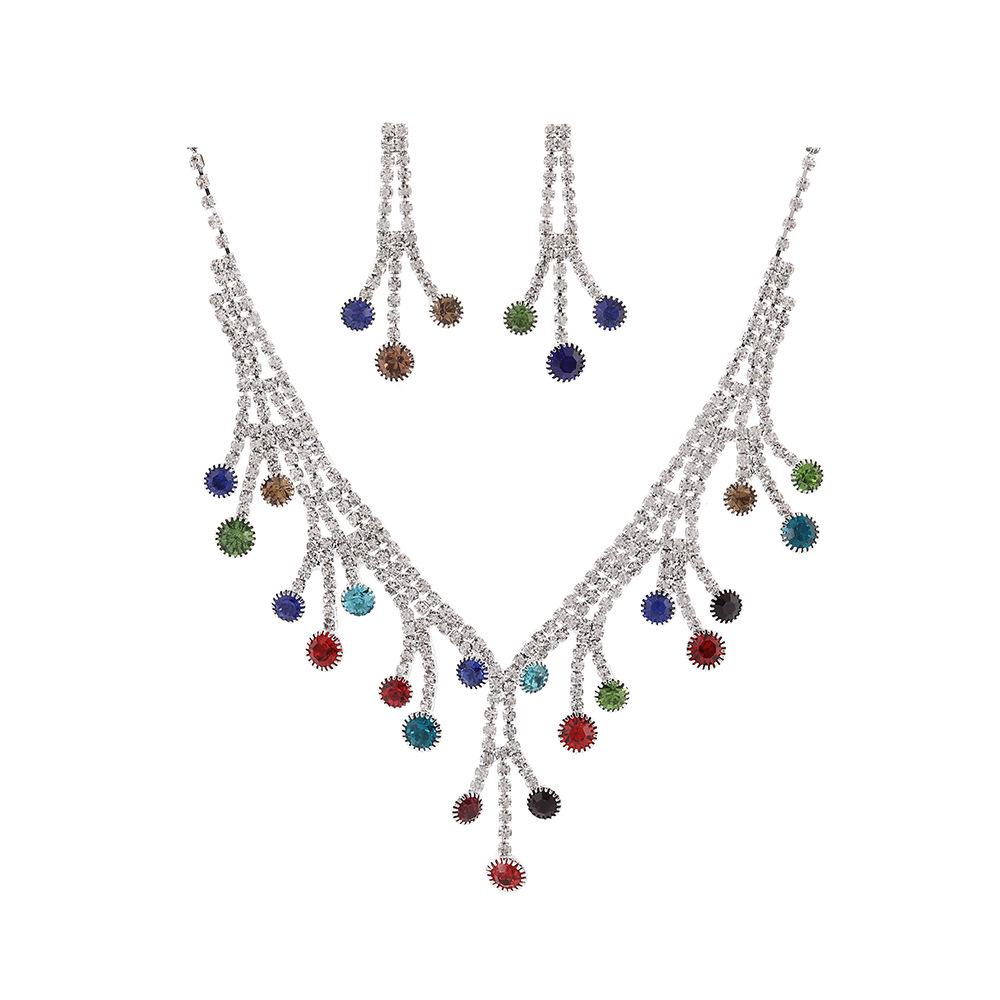 Colorful Fashion Set: Wave Rhinestone Necklace & Earrings - Elegant Women s Evening Accessories