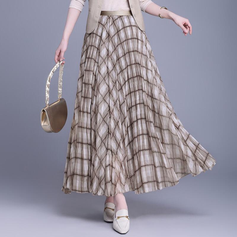 Bailuyu High-end 2026 Summer Retro Plaid Pleated A-line Long Skirt L