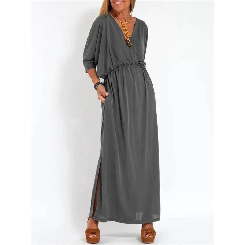 European And American Summer New Products Solid Color High-waist Split V-neck Dress Loose Casual Waist Belt Ice Silk Long Skirt