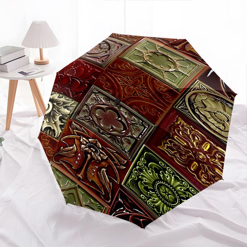 Decorative Tiles Art Nouveau Patterns Themed Automatic Opening and Closing Umbrella, Brightly Colored 8 rib Portable Umbrella, Suitable for