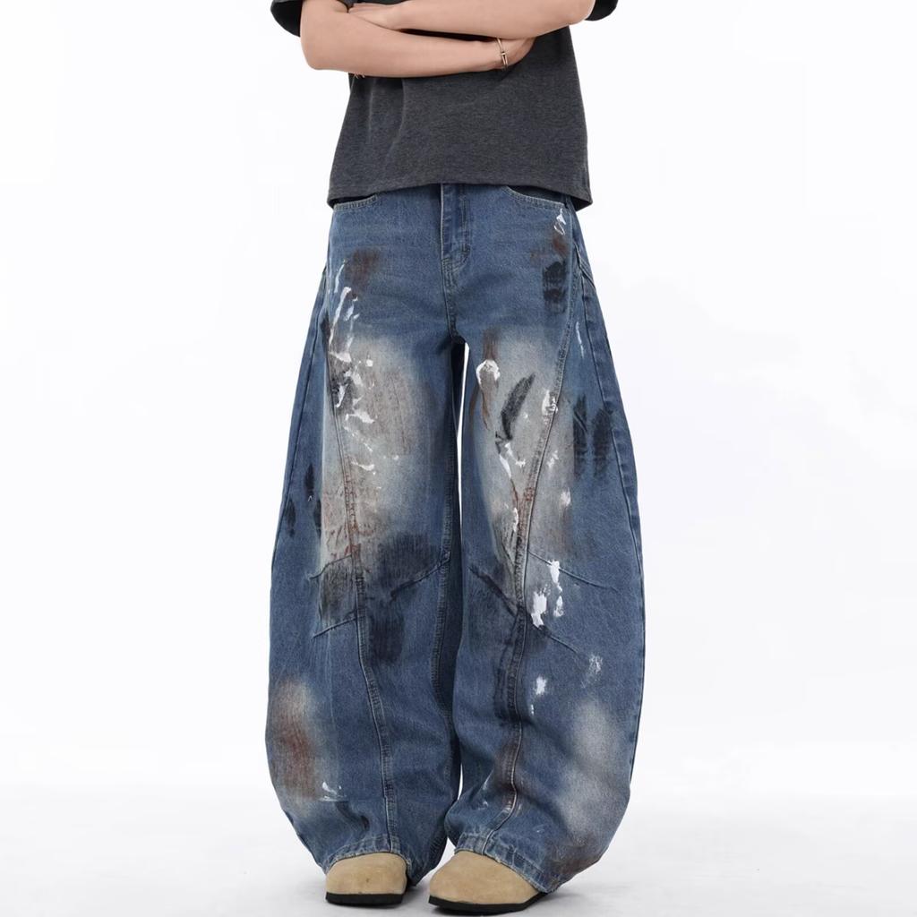 Jeans Larghi Unisex a Vita Media Deostrutturati Vestibilità Larga Vintage Americano Lavato Baggy in Denim Pantaloni Rilassati Lunghi Fino a Terra