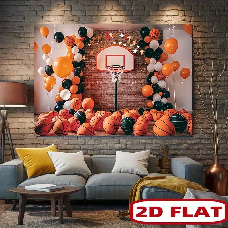 

2D Basketball Hoop Backdrop with Orange Black Balloons & Bricks 47.2x31.5inch/120*80cm