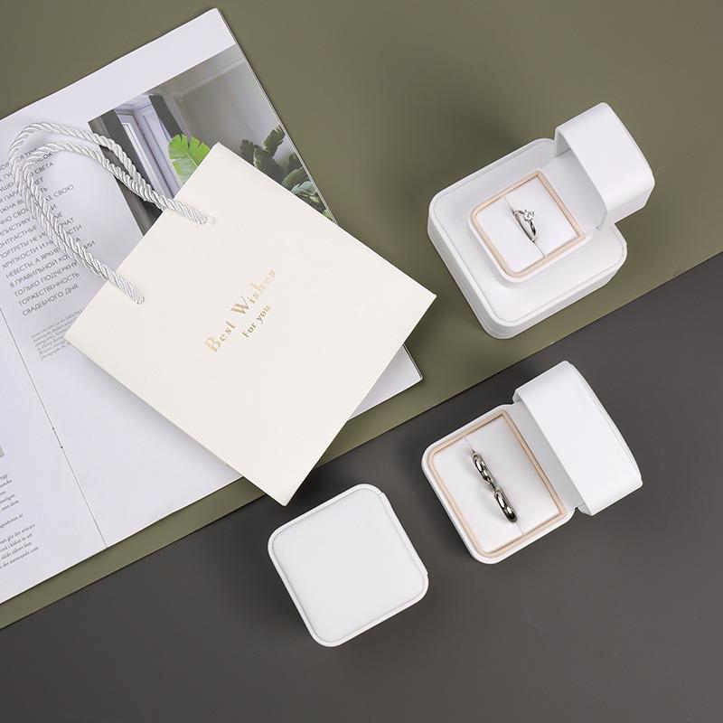 Simple Solid Color Ring Box White PU Leather Proposal Engagement Wedding Ring Box Holiday Gift Packaging Earring Storage Case