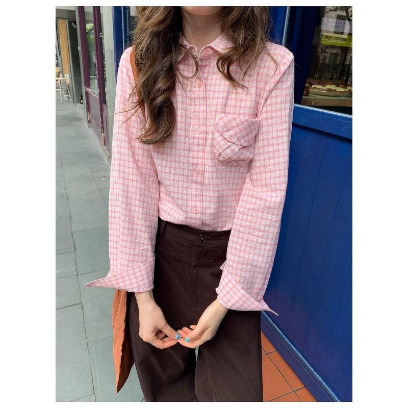 

Three-dimensional Patch Pocket Plaid Doll Collar Shirt Autumn New Loose Basic Design Plaid Cardigan S розовый