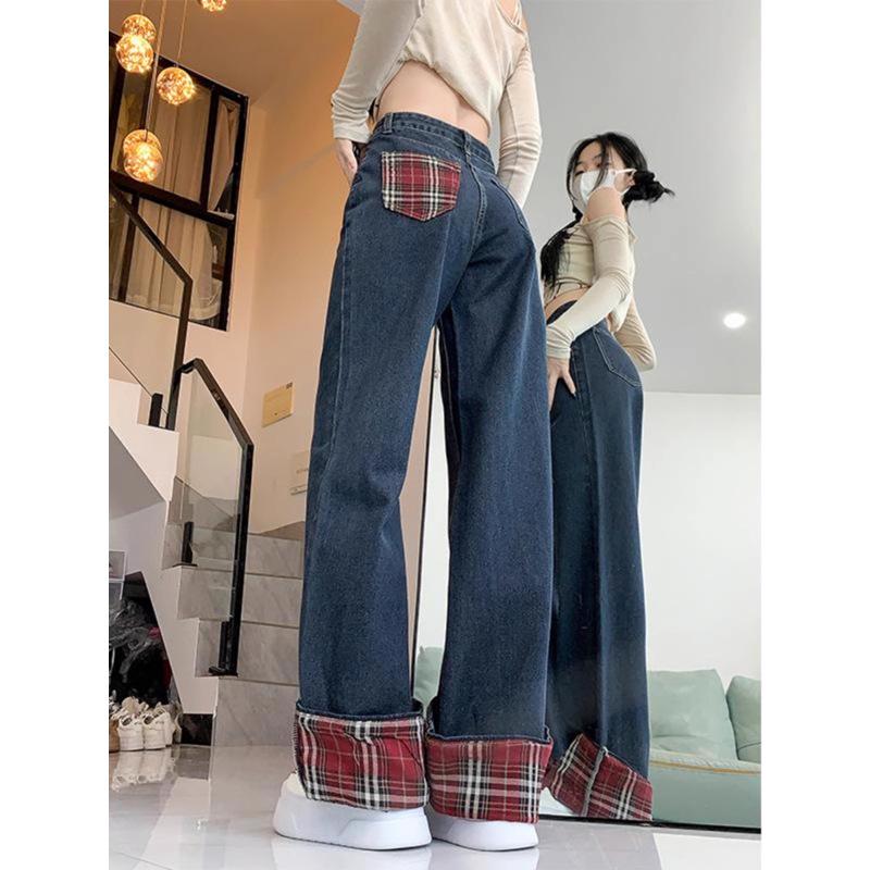 Women's Dark Blue Plaid Patchwork High-Waist Wide-Leg Jeans - Plus Size, Loose Fit, Slimming, Pear-Shaped, Autumn Style