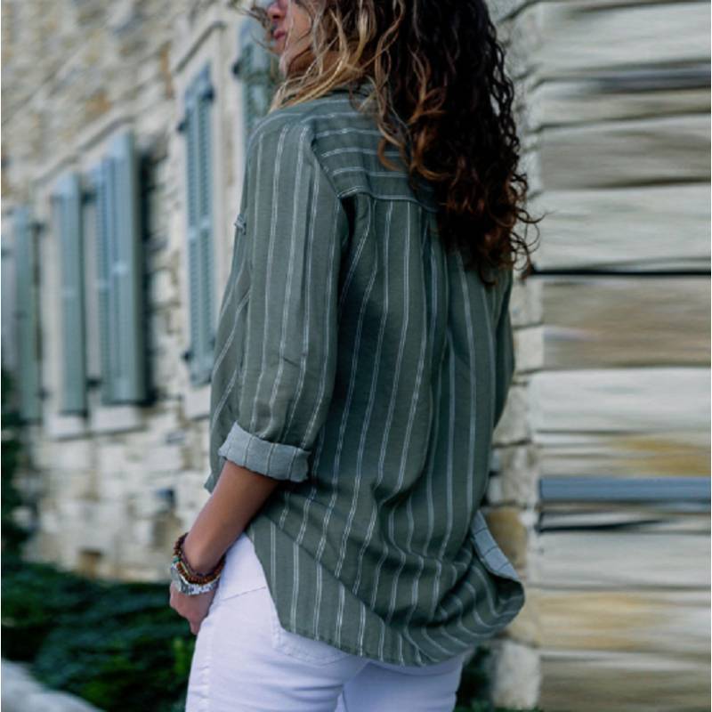 Women Autumn Striped Floral Long Sleeve Button V Neck T Shirt For Casual Chic
