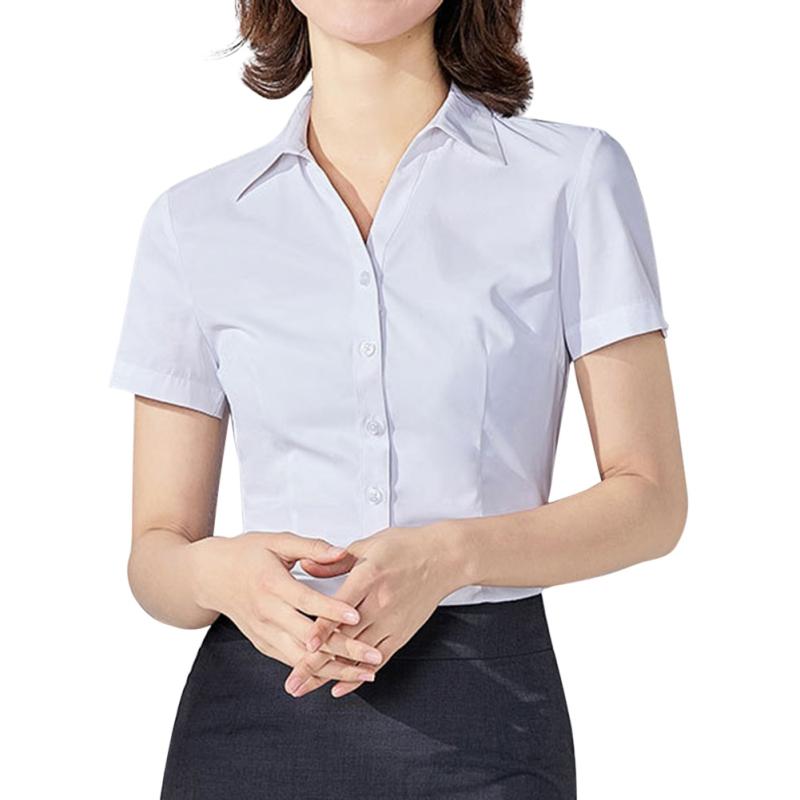 Women's Office Work Shirts Short Sleeve Button Down Shirts V Neck Collared Blouse Summer Classic-Fit Tops Ladies Business Blouses