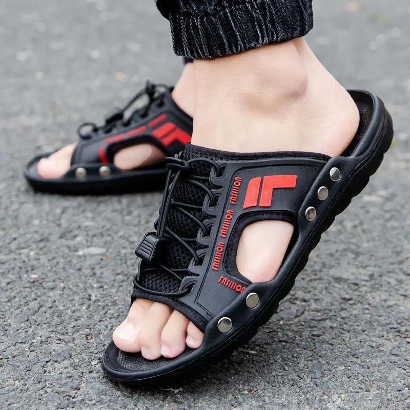 Fashion Leather Slippers for Men Beach Flat Lazy Shoes Trend 2025 Eva Pvc Mascullino Low Price Comfortable Fun Fashion Adult Sandals Man