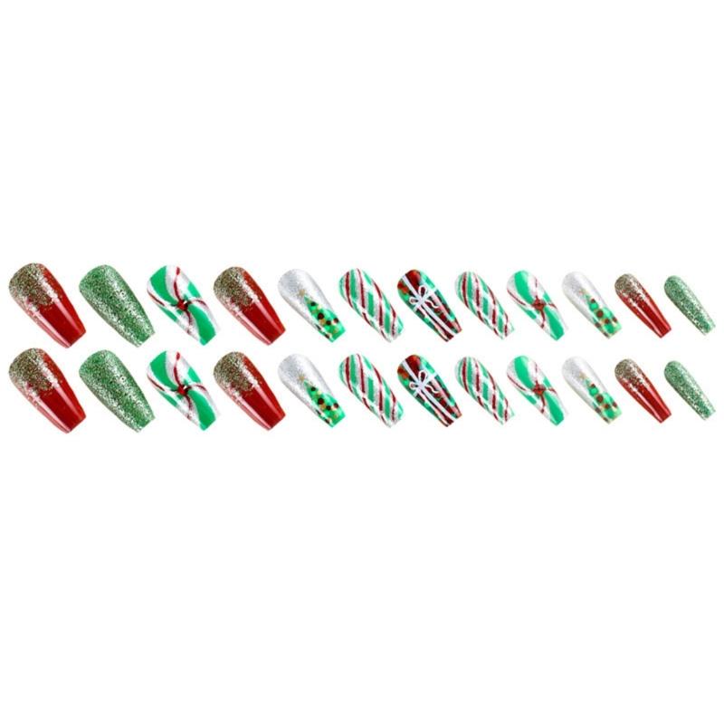 24Pieces Festive Press On Nail With Jelly Adhesive And Emery Board Christmas Themed Reusable Fake Nail For Women