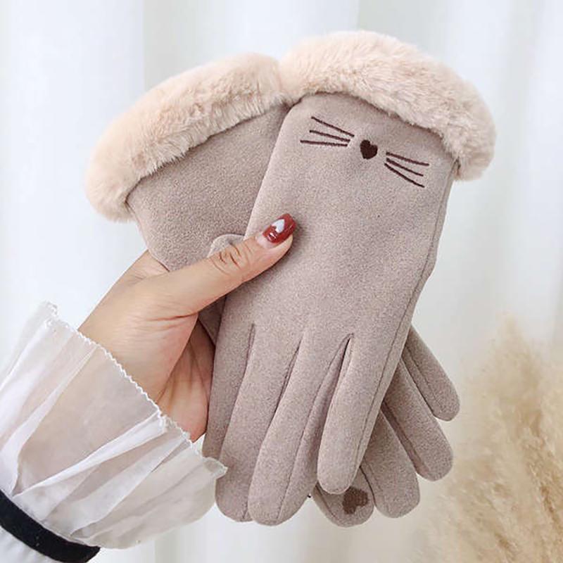 Autumn Winter Warm Suede Gloves Plus Velvet Thickened Plush Decor Cuff Gloves Outdoor Coldproof Touchscreen Riding Ski Gloves