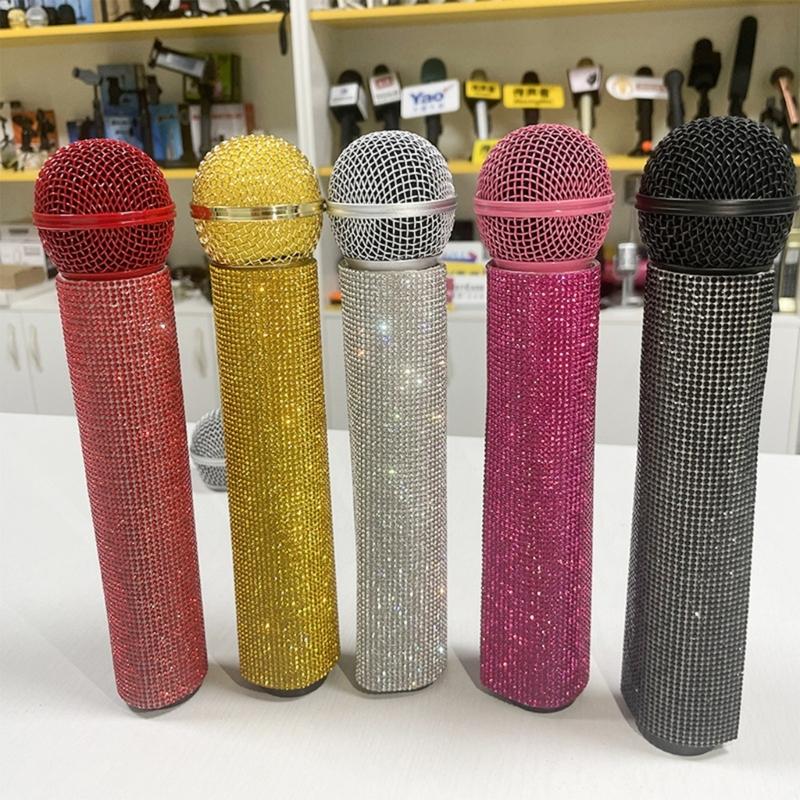Decorative Microphone Cover Rhinestones Mic Protector Sleeve with Glittering Design for Singers and Performers