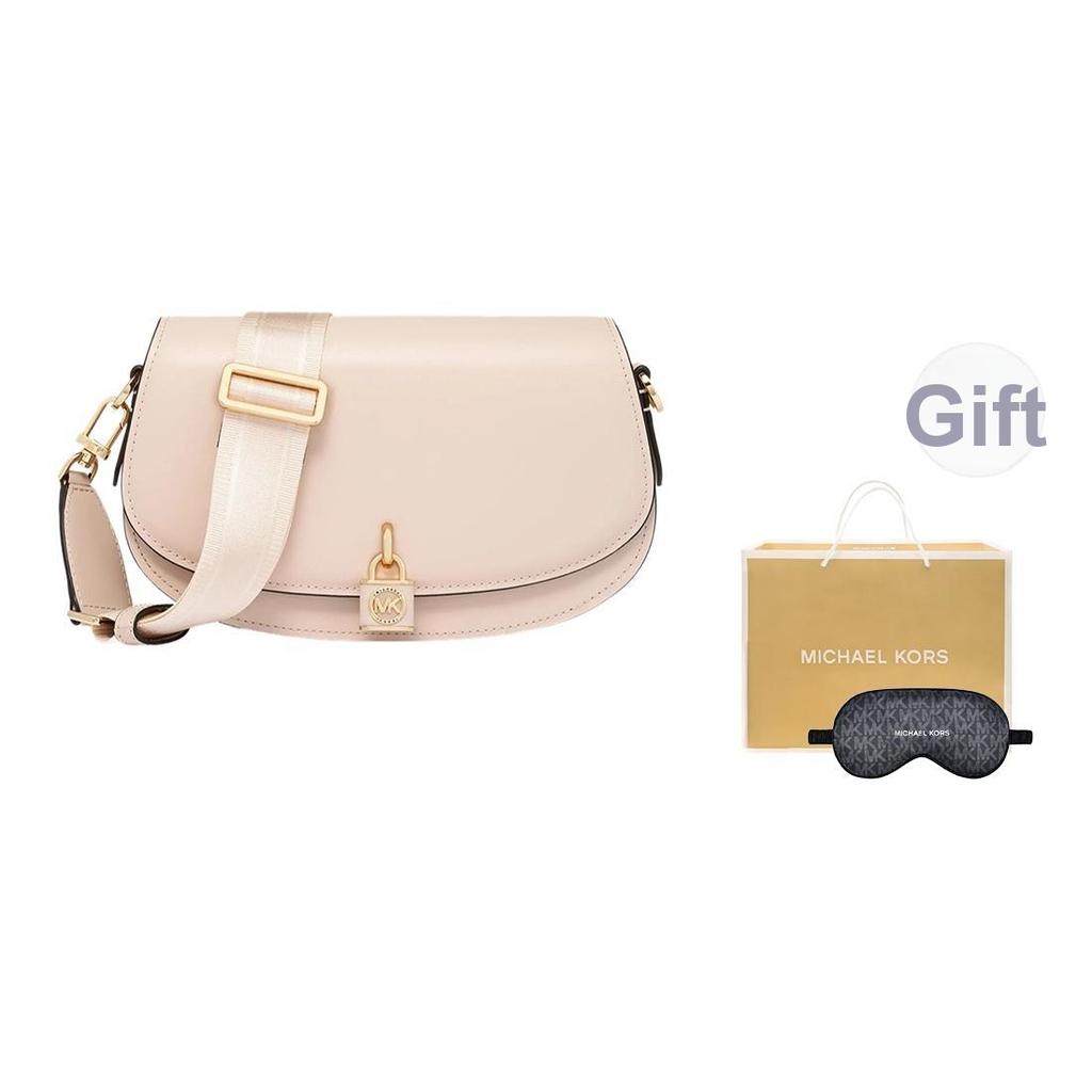 Michael Kors MK Mila Metal Logo Lock Stripe Shoulder Strap Leather Crossbody Bag Medium Women crossbody bag Nude-Pink 30S3GIMM8L-187