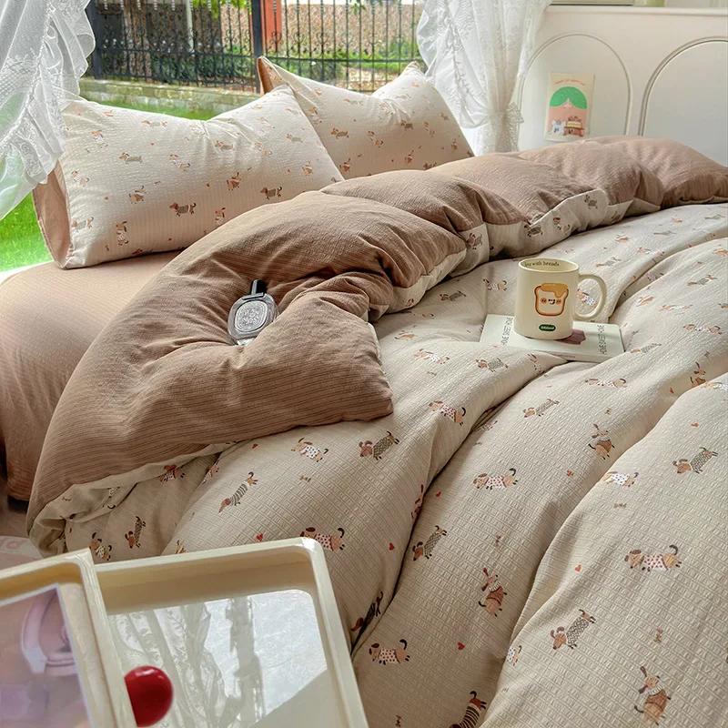 

New Floral Printed Wrinkle Cotton Bed Set 4-Piece Cute, Soft and Comfortable Duvet Cover Double Single Bed Sheet for Adults 1.2m-150x200cm 3pcs