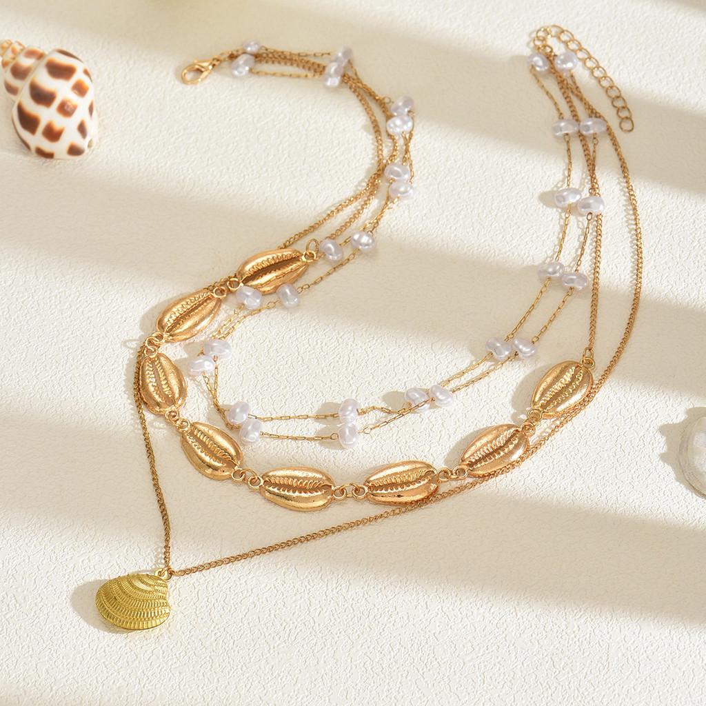 Summer Shell Necklace For Women With Multilayer Geometric Pendant And Pearl Accents