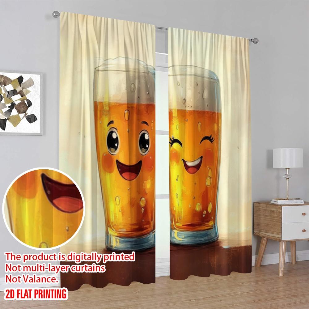 2pcs,2D Plane Printing Print Curtains Happy Beers Versatile Polyester Fabric (without Rod) Decorations Outdoor for Bedroom,