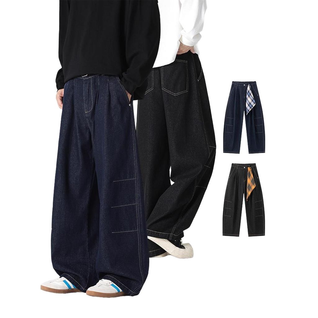 Men's Spliced Curved Pants, Loose Straight Leg Casual Jeans