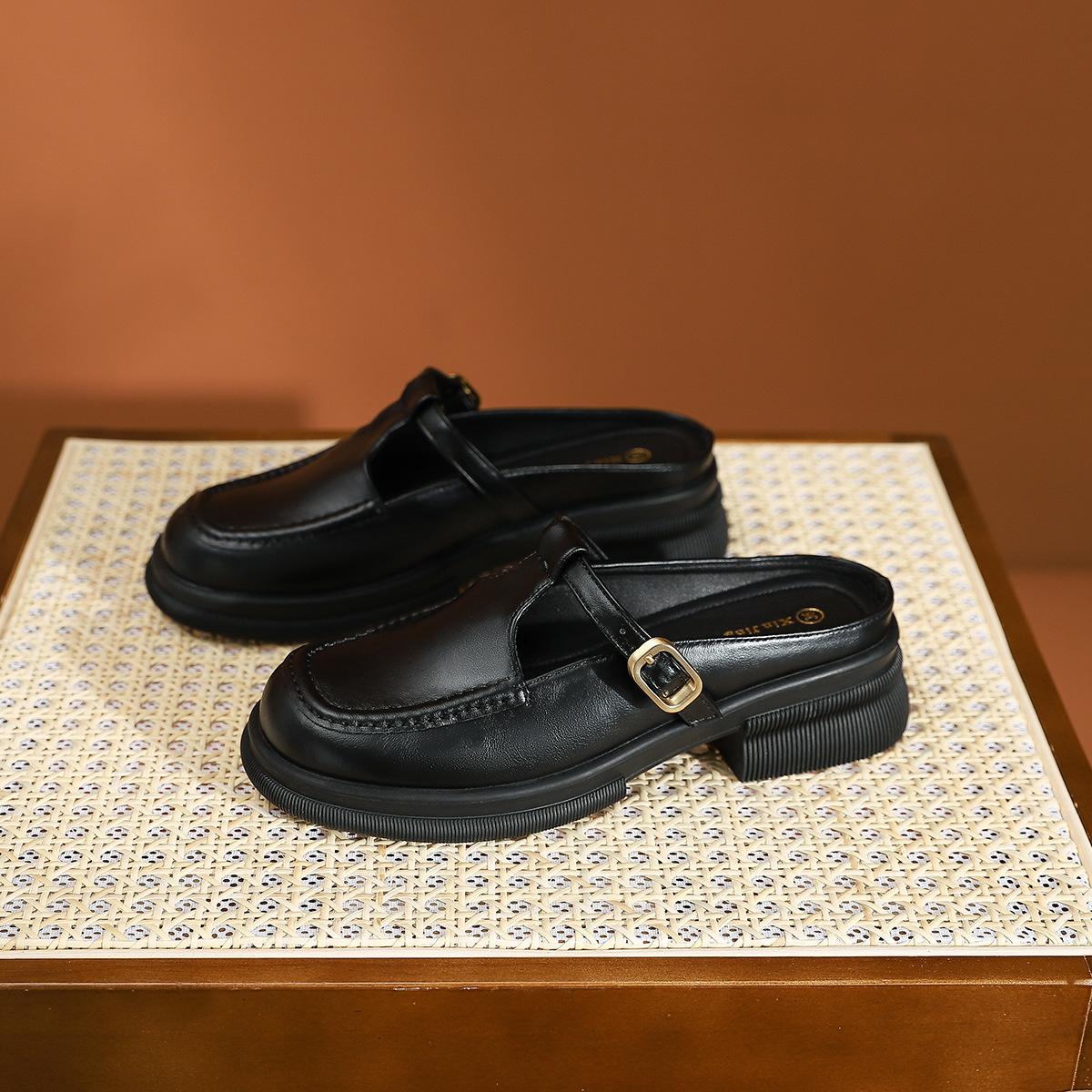 

Q1-33 One-pedal loafers women s new hollow T-belt platform single shoes British style small leather shoes medium heel women s shoes 35 чёрный