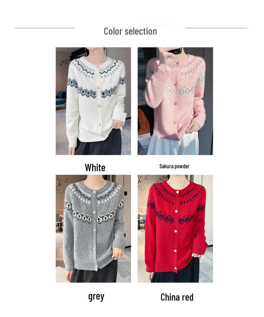 Women's Autumn-Winter Color Block 100% Wool Jacquard Cardigan – Round Neck, Age-Reducing, Versatile Knitwear