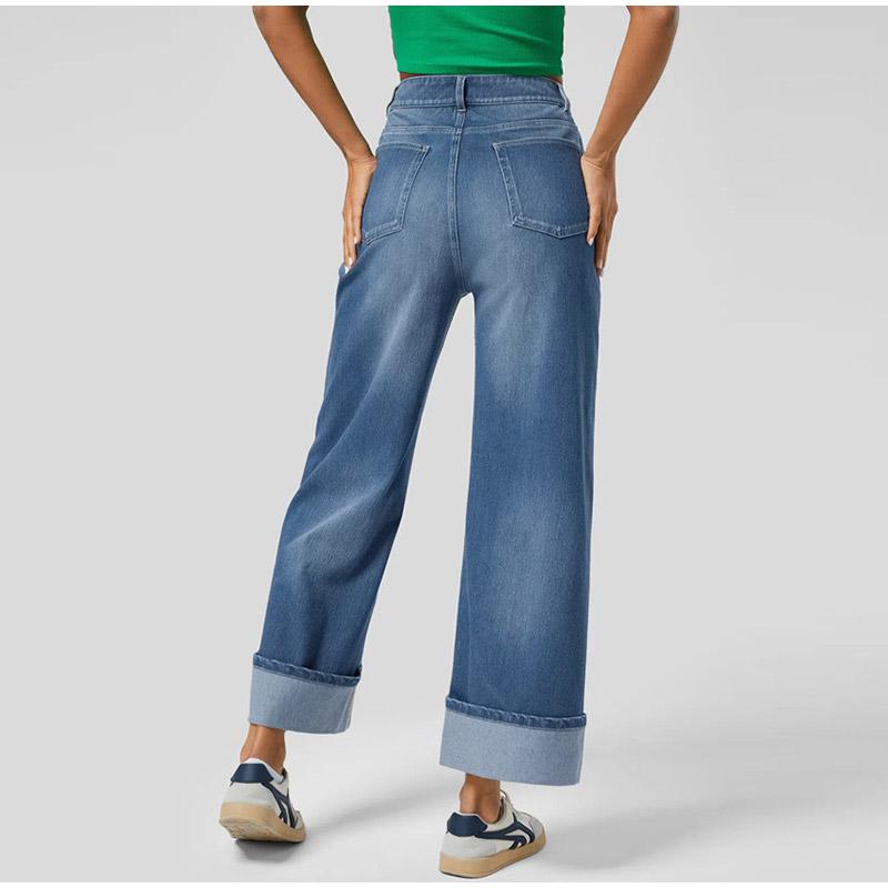 Fashionable High Waist Straight Leg Jeans Women's Solid Color Casual Wide Leg Pants Cuffed Loose Fit Denim Trousers 2025 Spring Autumn