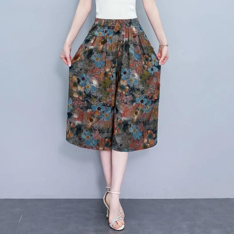 Pantalones Casuales Sueltos de Siete Minutos de Pierna Ancha de Cintura Alta para Mujer de Verano para Mujeres de Mediana Edad y Mayores Finos Cómodos