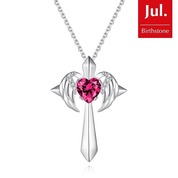 Colier Nou cu Pandantiv Cruce Aripă de Înger, Modă Femei, Colier cu Piatră Natală în Formă de Inimă, Cadou