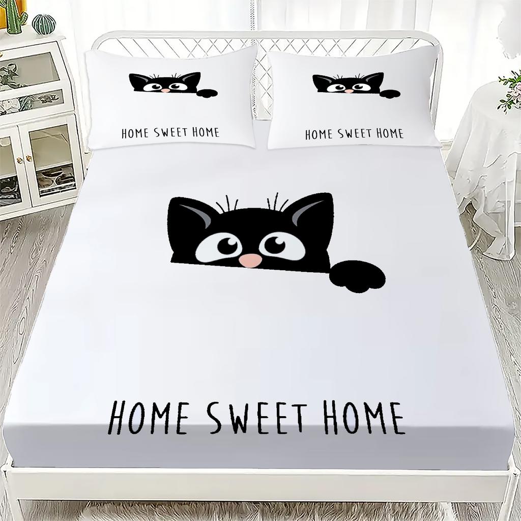 3pcs White Fitted Sheet Set Lovely Cartoon Cat Dog Print 100% Polyester Breathable Bedding Set for Home Decor with 2 Pillowcases