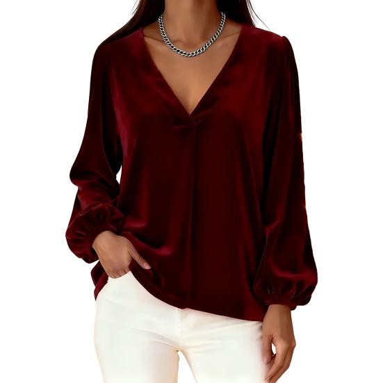 Women Tops V Neck Lantern Long Sleeve Solid Color Casual Tops Loose