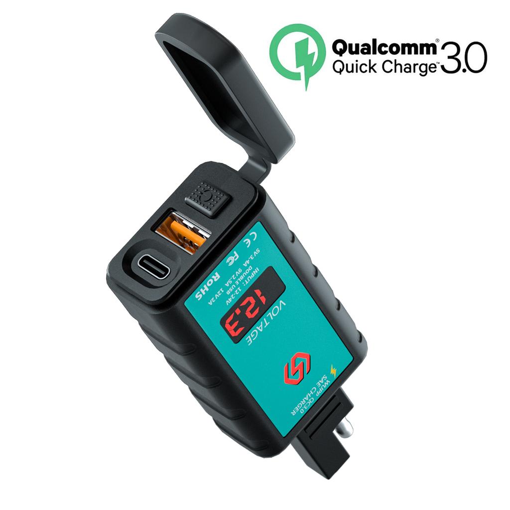 Motorcycle Charger, QC3.0 USB+C Port, 20W Waterproof USB Charging Installation Charger, IP66, Upgraded Version