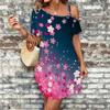 Women Irregular Shoulder Hanger Dress Vivid Floral Printed Short Bodycon Dress