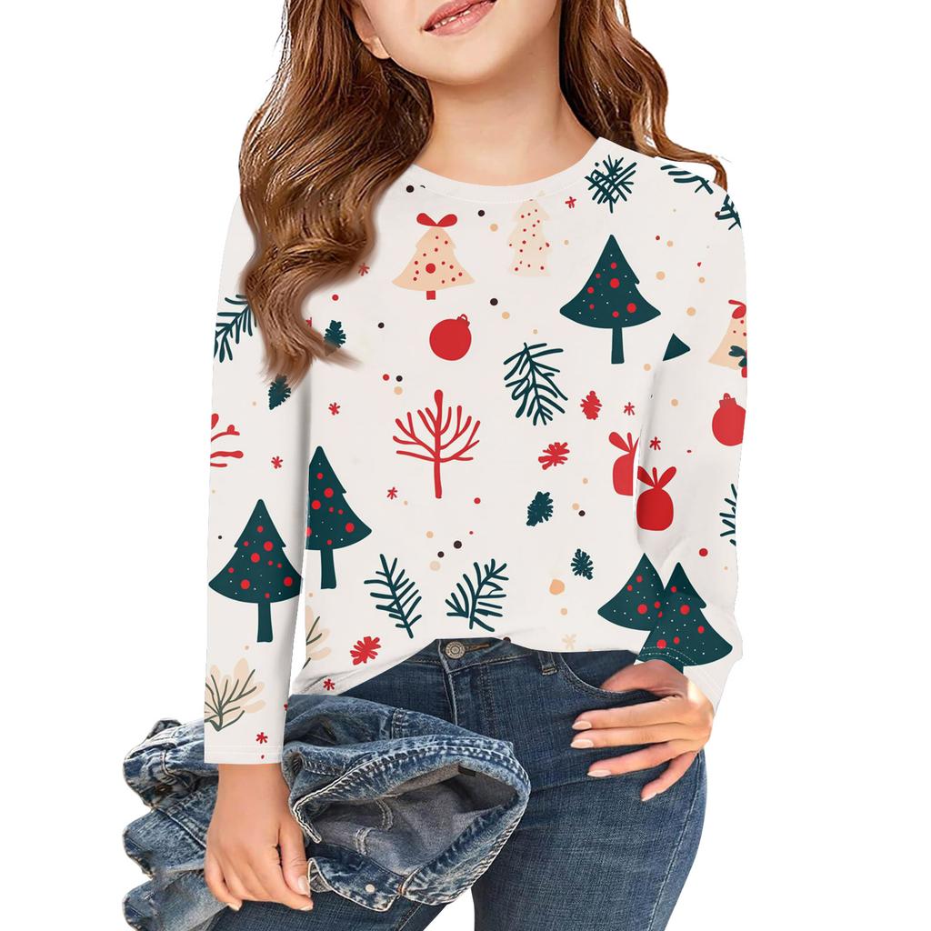 Christmas Day Girls Long Sleeve T Shirts Kids Fall Tops Crewneck Printed Basic Tees