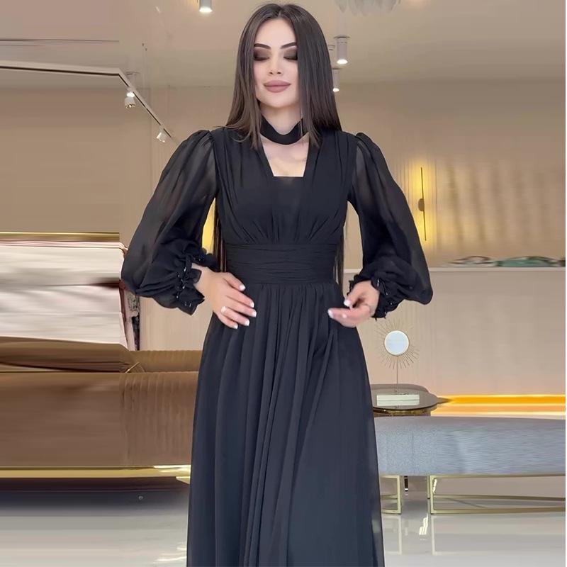 Autumn 2024 European & American Fashion Mesh Puff Sleeve Slimming Dress