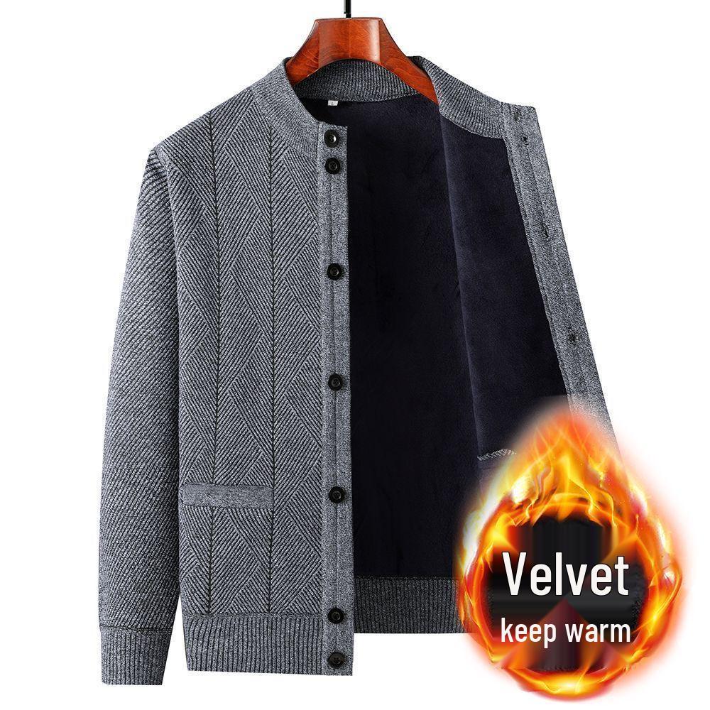 Men's V-Neck Thick Fleece Cardigan: Warm Knitwear for Dad and Grandpa