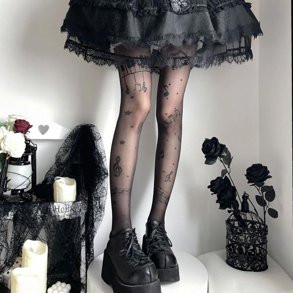 Módní Punčochové Kalhoty s Potiskem Hudebních Not Dámské Sladké Cool Tenké Vysoce Pružné Ponožky Lolita Jk Punčochy Punčochové Zboží Punčochy na Hudební Festival