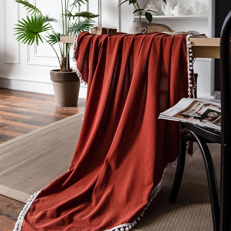 Farmhouse Solid Color Tablecloth Rectangle Cotton Fabric Pompom Tassel Table Cover For Kitchen Dinning Wedding Party Decorations