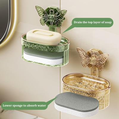1pc New Butterfly Soap Box Light Suction Double Soap Box Minimalist Style Bathroom Storage Container