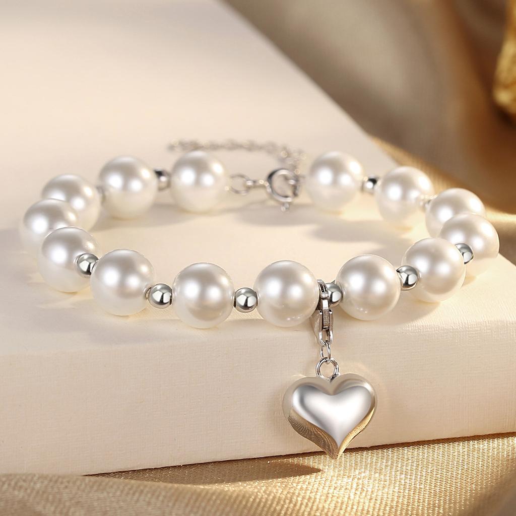 S925 Silver Lätt Lyx Stil Kärleksarmband Dammode Syntetisk Pärlsmycke Polerad Slät Hjärtformad Pärlsmycke