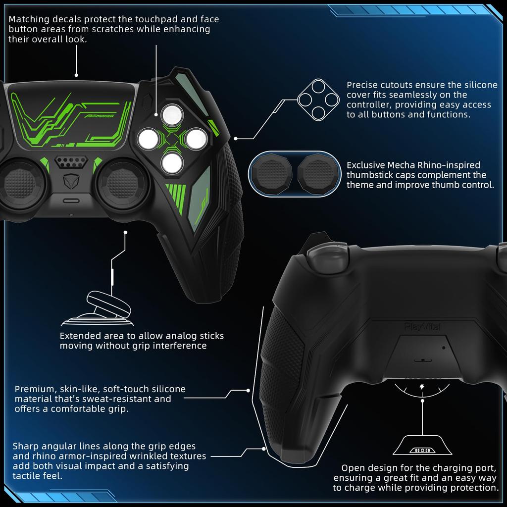 PlayVital PS5 Controller Silicone Mecha Rhino Shockproof Protective Easy Includes Thumb Grips and Compatible with Charging Black and Green Cover,