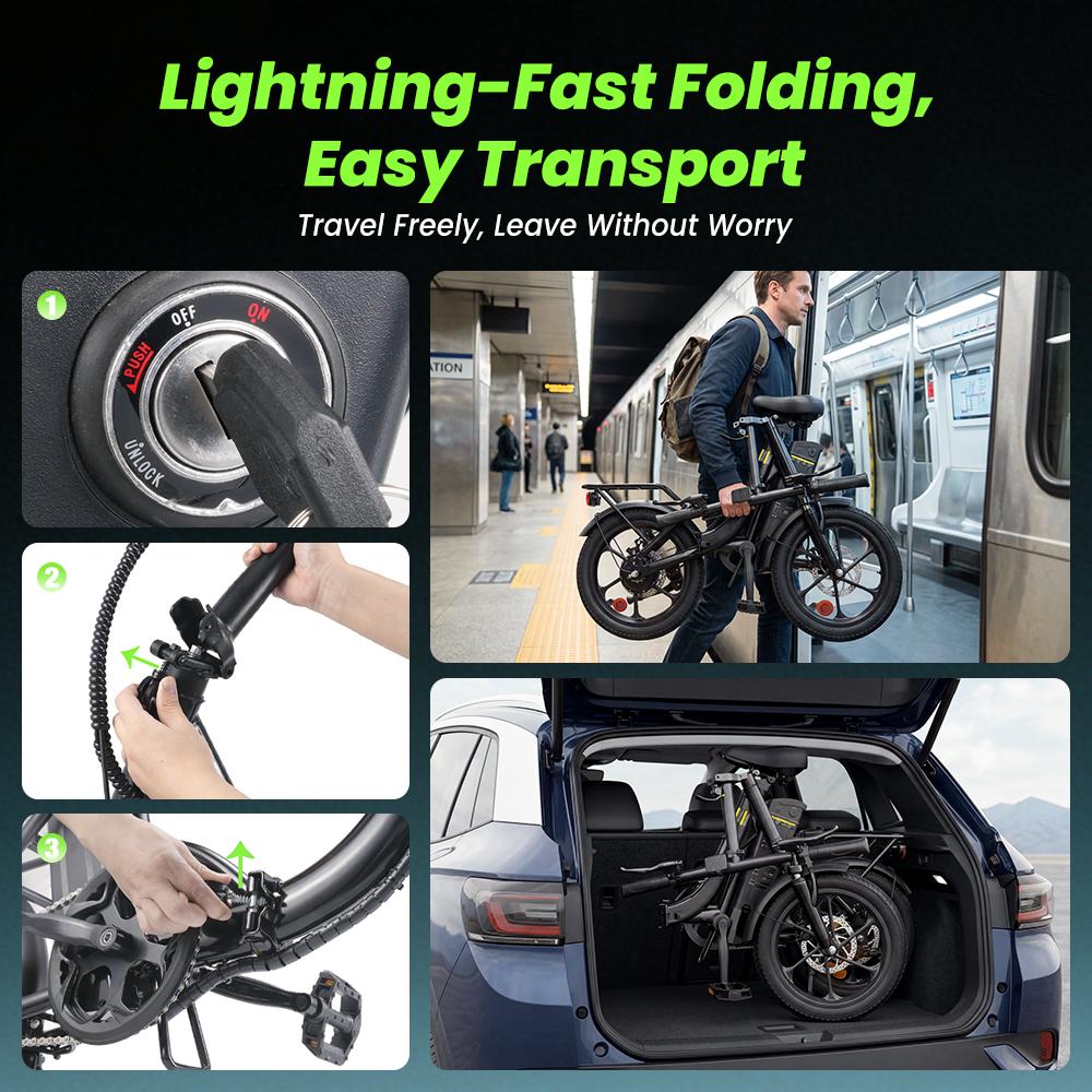 U4 Electric Bike 10.4Ah Battery 25KM/H Max Speed Front Suspension Disc Brake 3-Speed Modes 55+ Miles Range Compact Electric Bicycle with 16'' Tires